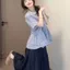 Ngọt Ngào Nhật Bản Đại Học Xanh Rời Hai Mảnh Tay Ngắn Phù Hợp Với Áo Sơ Mi Búp Bê Sinh Viên Mùa Hè Cao Cấp Váy