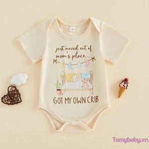 Bộ áo liền quần bé gái mùa hè in chữ hoạt hình cổ tròn ngắn tay