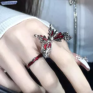 Bluelover Punk Gothic Đỏ Bướm Nhẫn Vintage Ánh Sáng Sang Trọng Mở Có Thể Điều Chỉnh Nhẫn Ngón Tay Phong Cách Pháp Cá Tính Dự Tiệc Trang Sức Quà Tặng Mới