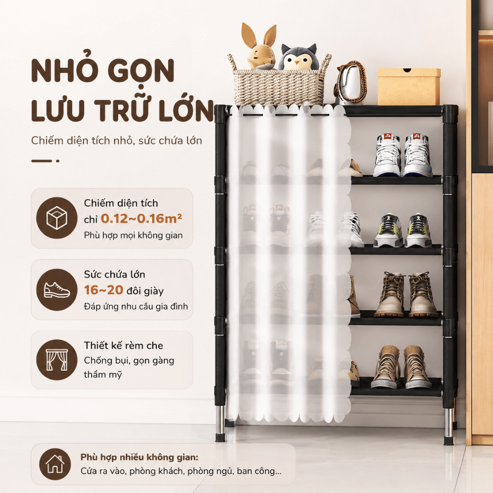 Kệ Để Giày Dép Khung Thép Chắc Chắn Có Rèm Chống Bụi HOMIE, Tủ Đựng Giày Sức Chứa Lớn, Dễ Lắp Ráp