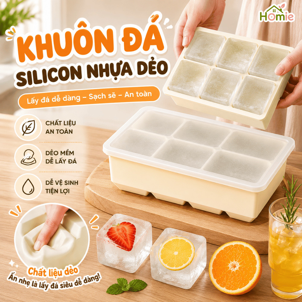 Khay Làm Đá Silicon Có Nắp Chống Mùi Tủ Lạnh HOMIE, Khay Làm Đá Thông Minh 4-6-8 Viên, Tiện Lợi