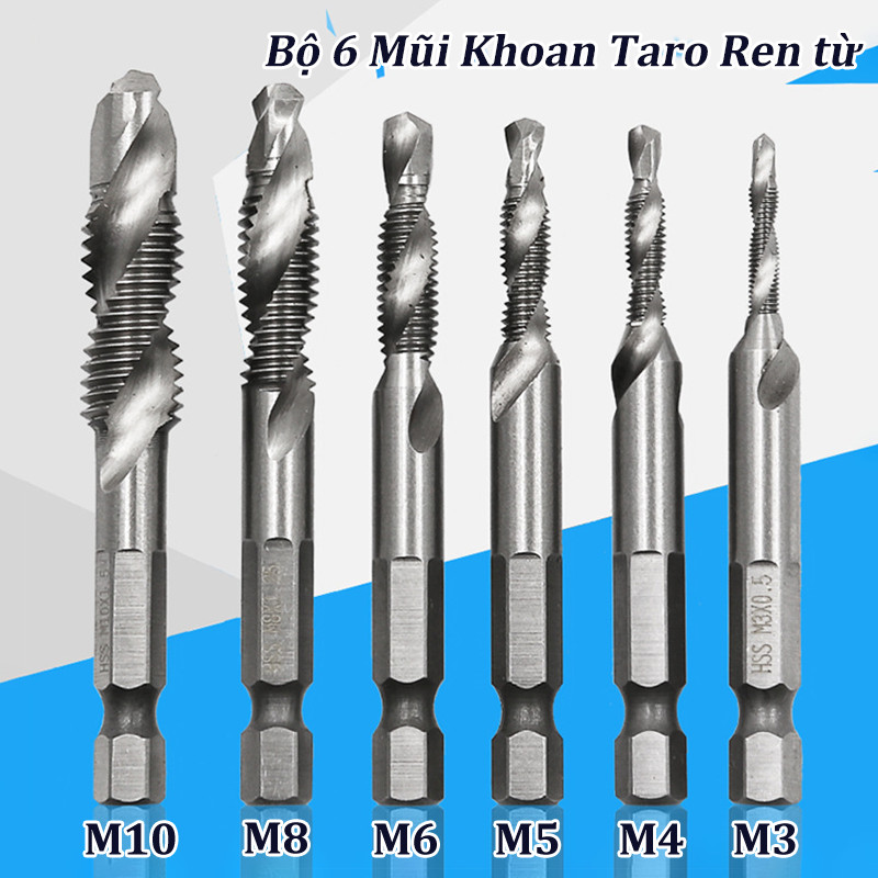 Bộ 6 Mũi Khoan Taro Ren từ, M3 M4 M5 M6 M8 M10 Hss cứng inox, Bền, Linh hoạt, Sắc nét