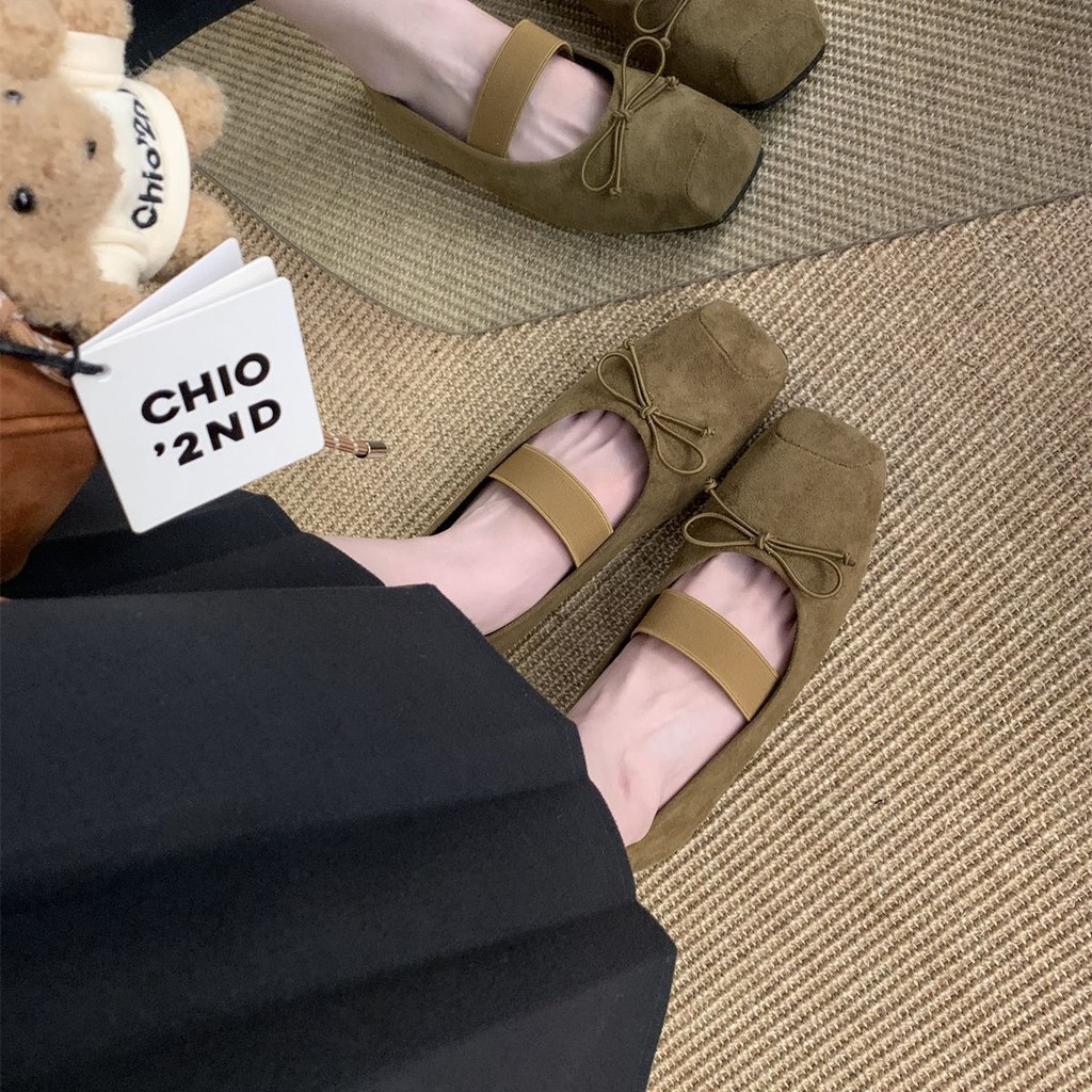 Giày nữ mũi vuông nơ nghệ thuật Mary Jane Flats Suede
