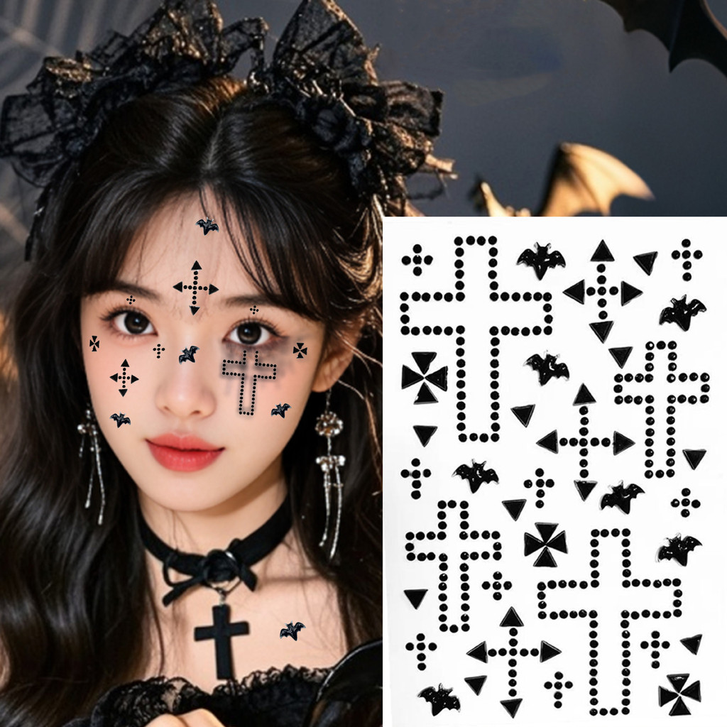 Nhãn mặt kim cương Halloween với thiết kế dơi Gothic và vết thương máu, màu đen và đỏ, phù hợp cho trang phục party và cosplay
