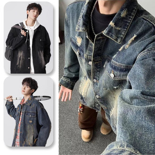 Áo khoác denim nam ESEA thiết kế rách hạng nặng, phong cách Mỹ, chất lượng cao.