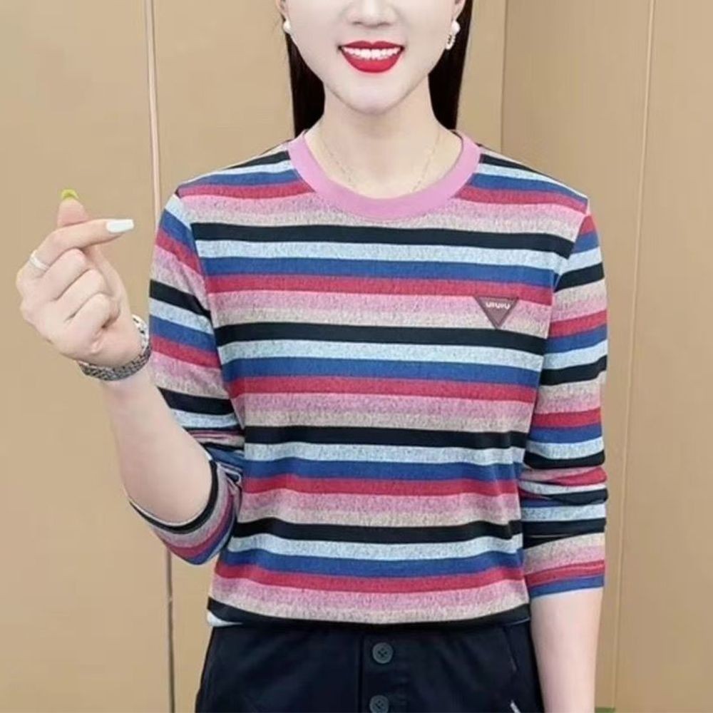 Áo nhung sọc cổ tròn dài tay cho mùa thu đông