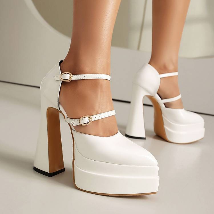 SKMY34-43 Kích Thước Lớn Mũi Nhọn Đế Dày Bằng Sáng Chế Da Nông Miệng Bên Rỗng Khóa Dây Sandal Thời Trang Dày Cao Gót Hộp Đêm Dây Lưng Mô Hình