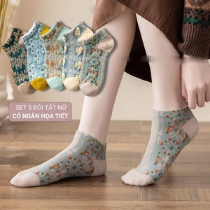 Set 5 đôi tất hoa cổ ngắn nữ hoạ tiết hoa cỏ dễ thương, chất liệu cotton dày dặn thoáng khí, giữ ấm siêu tốt mùa đông.
