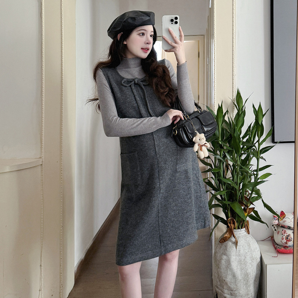 Bộ đồ bà bầu Thu Đông Nơ Váy len buộc dây Bộ đồ hai mảnh