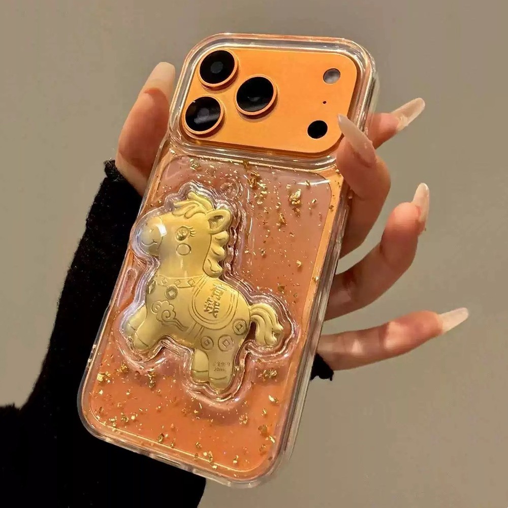 Ốp Điện Thoại Nhựa Lá Vàng 3D Ngựa Cho iPhone 17 Pro Max 17 Air 16 Plus 15 14 13 12 11 Vỏ Bảo Vệ Chống Sốc