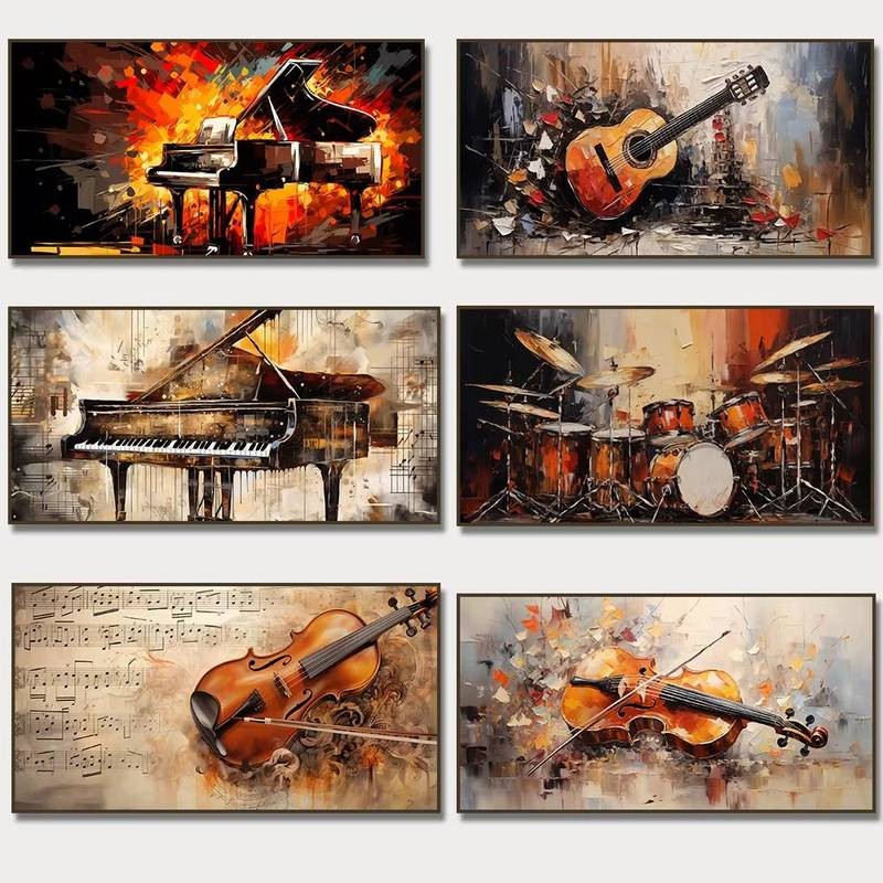 Trừu Tượng Đàn Piano Trống Cello Guitar Canvas Tranh In Retro Âm Nhạc Poster Cho Phòng Khách Trang Trí Nhà Cuadros