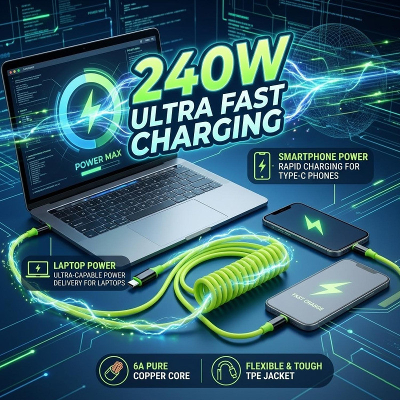 Dây bền TPE, Cáp dữ liệu Type-C sạc nhanh 240W 6A | Truyền dữ liệu tốc độ cao 480Mbps cho điện thoại thông minh và máy tính bảng