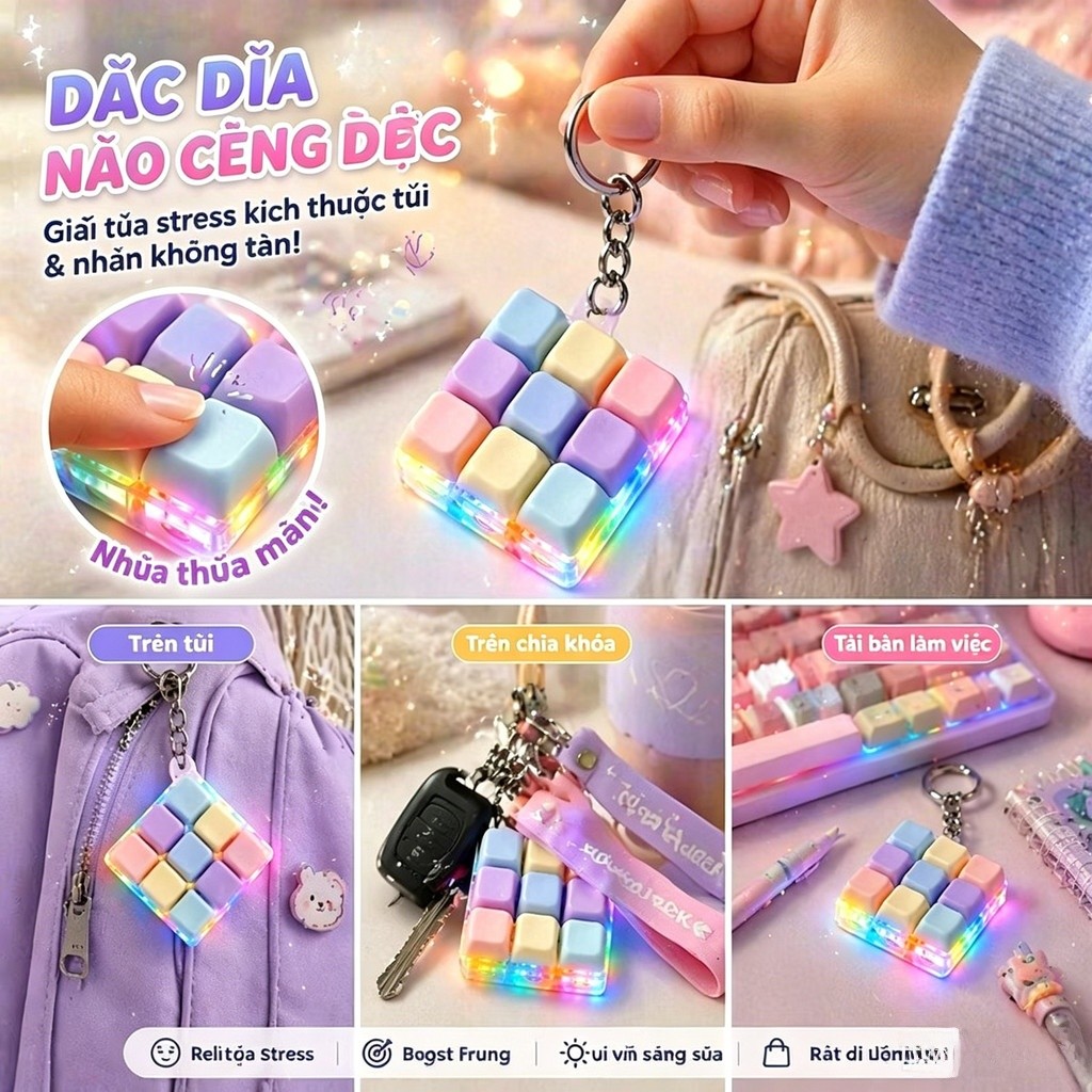 【🇻🇳Có sẵn kho】Bàn phím giảm căng thẳng Móc khóa Máy kiểm tra trục LED RGB LIGHT Fidget Thư giãn Nút DIY Keycap Fidget Quà tặng