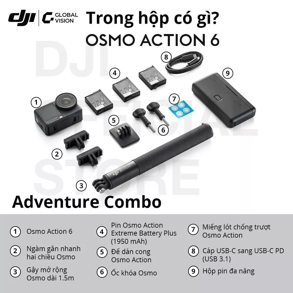 DJI Camera Hành Động Osmo Action 6 - Video 8K, Cảm Biến Vuông 1/1.1, Bộ Nhớ 50GB, Khẩu Độ Biến Thiên f/2.0 - f/4.0