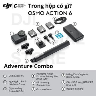 DJI Camera Hành Động Osmo Action 6 - Video 8K, Cảm Biến Vuông 1/1.1, Bộ Nhớ 50GB, Khẩu Độ Biến Thiên f/2.0 - f/4.0