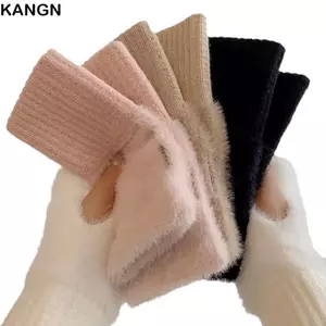 Găng tay lông cừu chồn KANGN, Găng tay nửa ngón dệt kim sang trọng mềm mại, Găng tay ấm áp mùa đông thể thao ngoài trời ấm áp