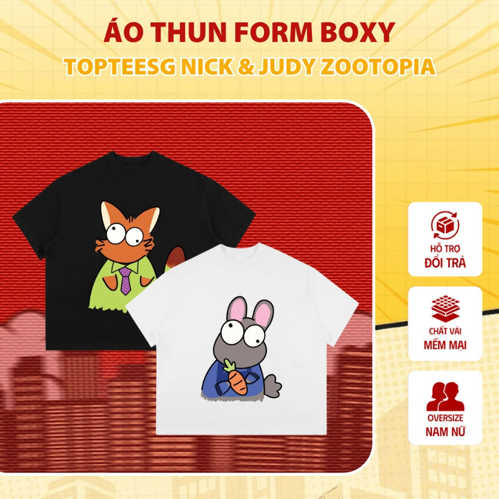 （Giao hàng 24h）Angela Áo thun form boxy Nick & Judy zootopia unisex nam nữ tay ngắn cổ tròn cotton 2 chiều