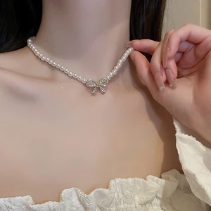 Phong Cách Mới Cubic Zirconia Kẻ Sọc Nơ Thắt Giả Ngọc Trai Vòng Cổ Nữ Thời Trang Sang Trọng Món Quà Trang Sức AMS8