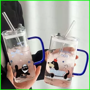 YB2 Hoạt Hình Dachshund Mèo Đen Vuông Thủy Tinh Cốc Nước Dung Tích Lớn Cà Phê Đá Trà Sữa Tumbler