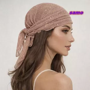 Băng đô SAMO, Khăn xếp hình vuông nhăn Bohemia Sequins, Vải mềm sành điệu Màu trơn 60cm * 60cm Bandana Turban Hóa trị bệnh nhân