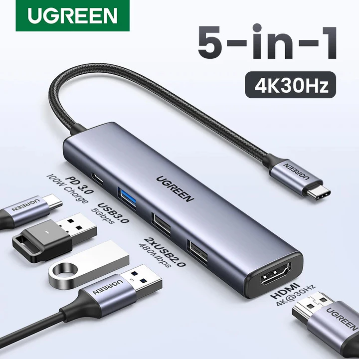 UGREEN 5 trong 1 USB C Hub 4K HDMI USB HUB 100W Bộ chuyển đổi đa cổng cho MacBook Pro / Air, iPad Pro, iMac, 15 Pro / Pro Max, XPS