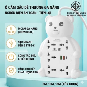 Sẵn Hàng Ổ Cắm Điện Đa Năng Hình Gấu Cute 5 Lỗ 2 Cổng USB Kèm PD Chống Cháy 2500W ✨Luyoo25.vn✨