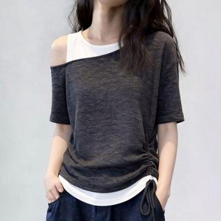 [Seckill trong thời gian có hạn] Áo thun ngắn tay hai mảnh giả màu tương phản, mùa hè 2026 Plus Size Fat MM Design Áo đeo vai nghiêng không đều
