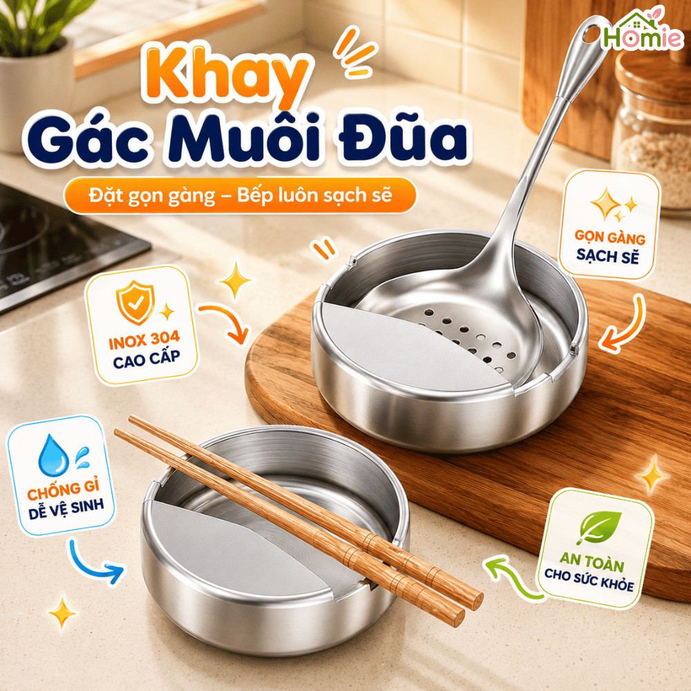 Giá Đỡ Muôi Vá Inox 304 Chống Gỉ HOMIE, Khay Gác Đũa Thìa Nhà Bếp Chống Bẩn Mặt Bếp Đa Năng Tiện Lợi