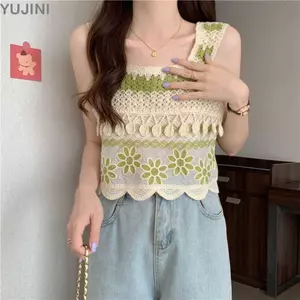 Áo Crop Top YUJUNI, Áo Vest không tay kiểu cổ điển, Thời trang mùa hè dệt kim thanh lịch Camisoles Bohemia