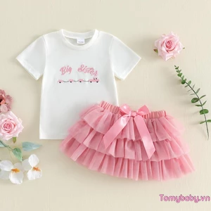 2 Bộ Trang Phục Bé Gái Tay Ngắn Áo Thêu Xe Lửa + Bộ Váy Tulle Lớp