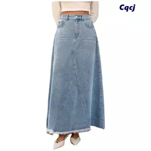 Váy Denim Dài CQCJ, Váy Jean Chữ A Xanh Rửa Cho Nữ, Thời Trang Tua Rua Viền Co Giãn Eo Váy Maxi Dạo Phố Nhìn