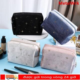 Túi đựng mỹ phẩm METALWRK, có dây kéo Túi đựng đồ trang điểm nhung mềm, họa tiết ngôi sao dập nóng Túi vệ sinh nữ di động