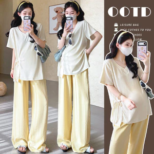 Bộ đồ bà bầu Áo thun cổ chữ V dáng rộng mùa hè + Không nâng bụng Quần ống rộng bằng vải Cotton Bộ đồ hai mảnh