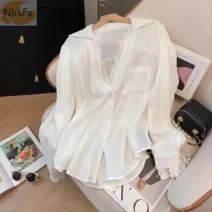 Áo Sơ Mi Nữ NKSFX, Áo Ren Hai Mảnh Giả Màu Trắng Đơn Giản, Áo Sơ Mi Dài Tay Ren Thời Trang Đầu Xuân