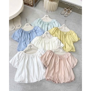 Áo bí nữ cổ thuyền trễ vai tay bồng tiểu thư BOY phối nơ hoa rời cổ viền chun hàng Quảng Châu.