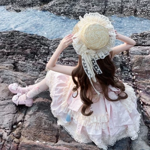 🔥có hàng sẵn🔥mũ rộng vành dễ thương sành điệu Mũ Rơm lolita Mũ Rơm Mori Phong Cách Mục Vụ lo Mẹ Mềm Mại Cô Gái Handmade Nhật Bản Đôi Ren Nơ Mũ Chống Nắng