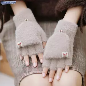 Bluelover Mùa Đông Nữ Nửa Ngón Flip-top Găng Tay Sinh Viên Cô Gái Dễ Thương Hoạt Hình Ấm Áp Mềm Mại Phong Cách Thi Đan Găng Tay Mới