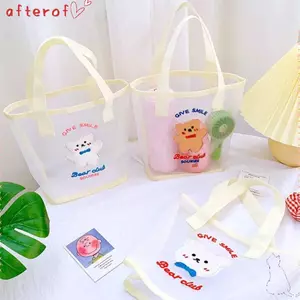 Túi xách lưới AFTEROF, Túi đựng mỹ phẩm hình gấu dễ thương trong suốt dành cho nữ, Túi đi biển bơi thời trang ngoài trời tiện lợi