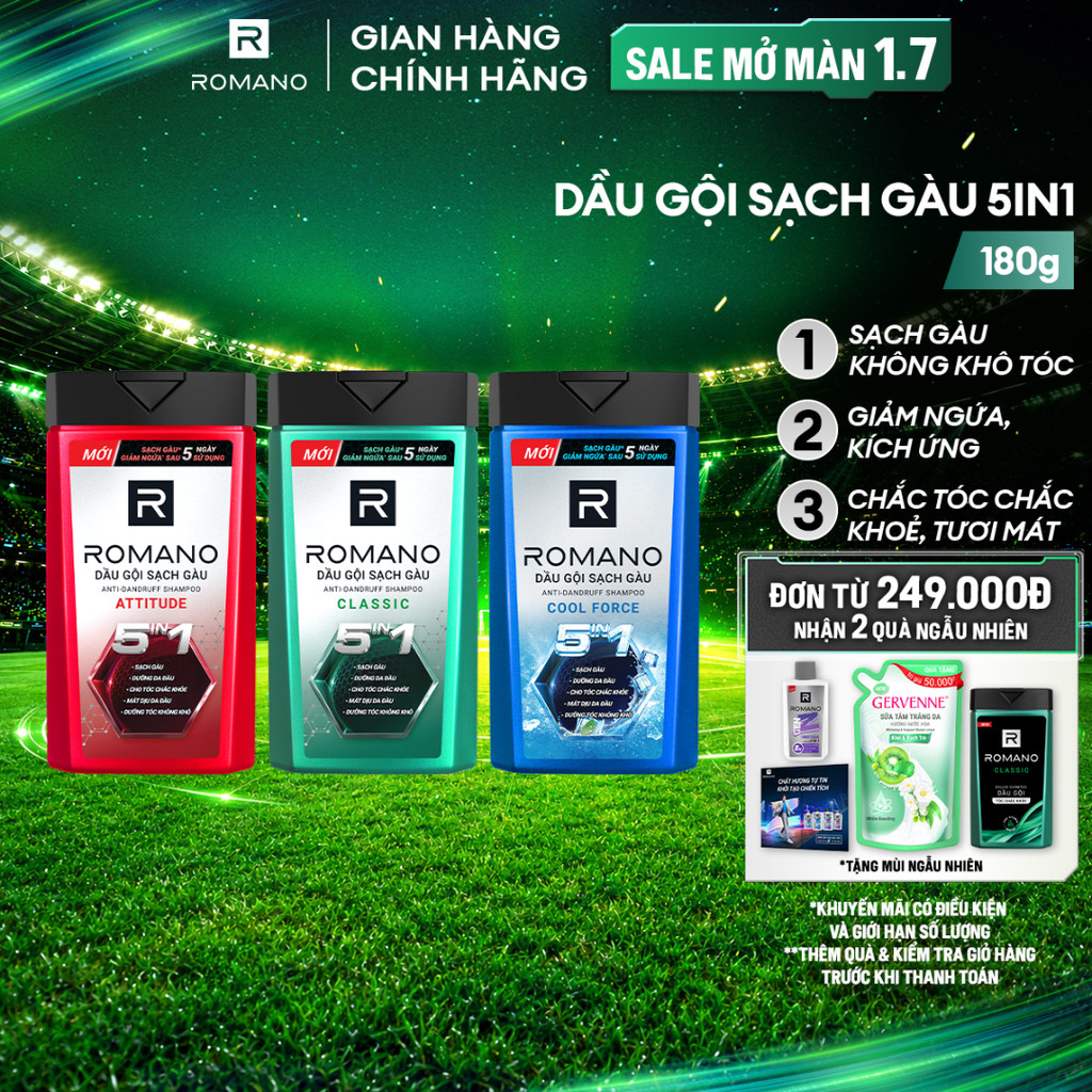 Dầu gội nam sạch gàu 5in1 Romano hương nước hoa Classic/ Force/ Attitude 180g