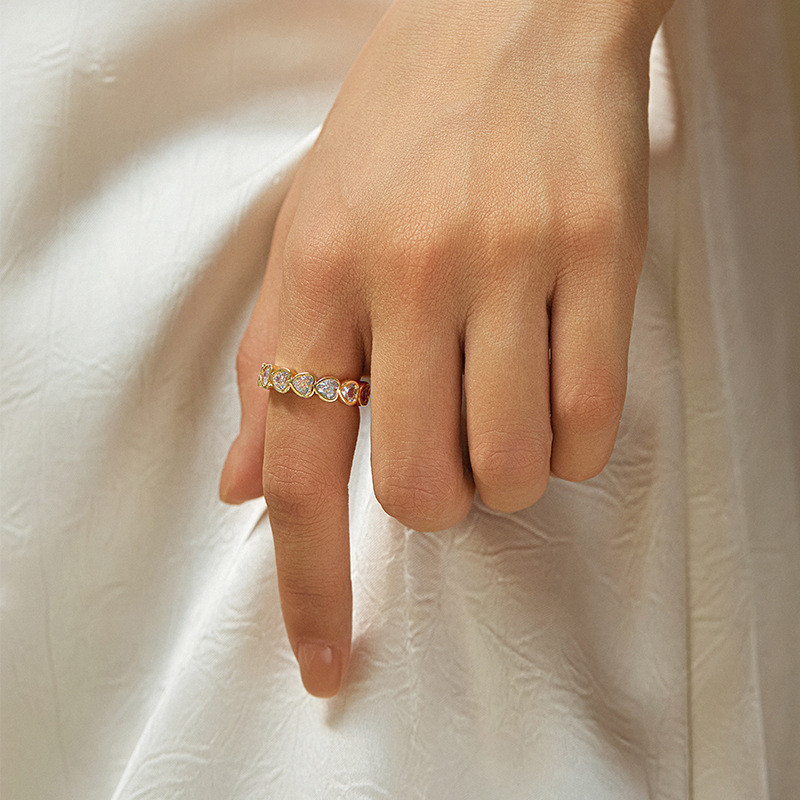 Nhẫn Trái Tim Có Thể Điều Chỉnh Cho Nữ, Trang Sức Ban Nhạc Mở Mạ Vàng Với Pha Lê Zircon