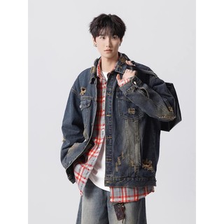 Áo khoác denim nam ESEA thiết kế rách hạng nặng, phong cách Mỹ, chất lượng cao.