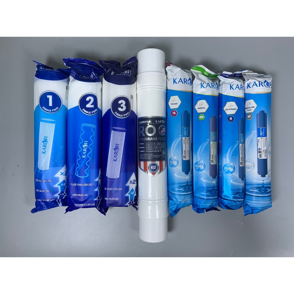 Combo 8 Lõi Lọc Nước Karofi Gồm Lõi 123 Smax Pro - Màng RO Đúc 100GPD Cắm Nhanh - T33 Mineral Far Nano ERO80 Mẫu mới