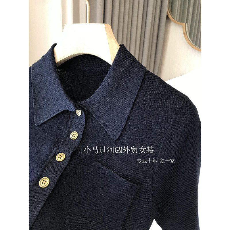 Áo thun dệt kim cổ polo mỏng kiểu Pháp Áo thun ngắn tay nữ