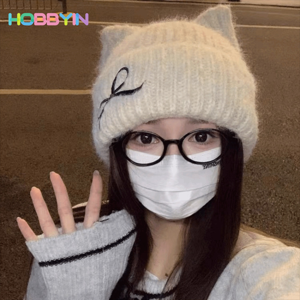 Mũ beanie dệt kim HOBBYIN tai mèo, thời trang mùa đông ấm áp