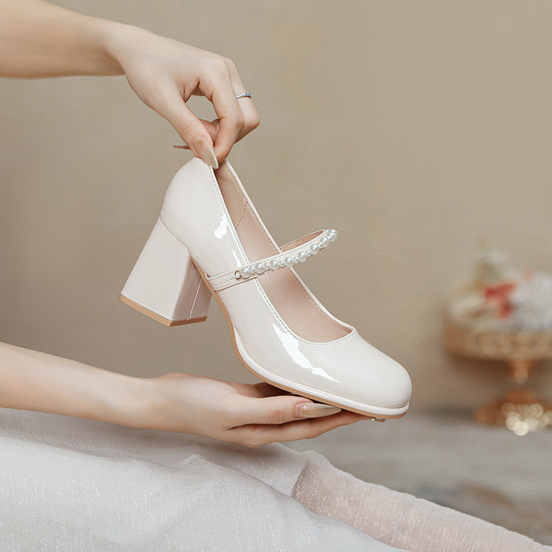 ((Size 34-45) Giày Mary Jane Pháp Size Nhỏ 34 Giày Đơn Nữ Gót Dày Ngọc Trai Kích Thước Lớn Béo Chân Rộng Giày Cao Gót Extra Fat Rộng Rộng Giày Nữ 45