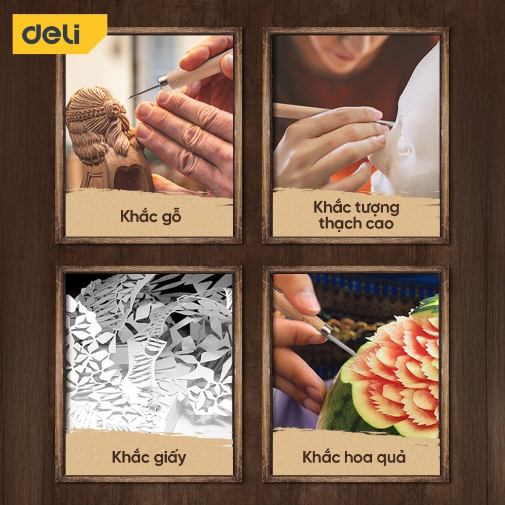Bộ dao khắc cán gỗ Deli Cao Cấp - Lưỡi SK2 sắc bén - Khắc gỗ, hoa quả, thạch cao, giấy