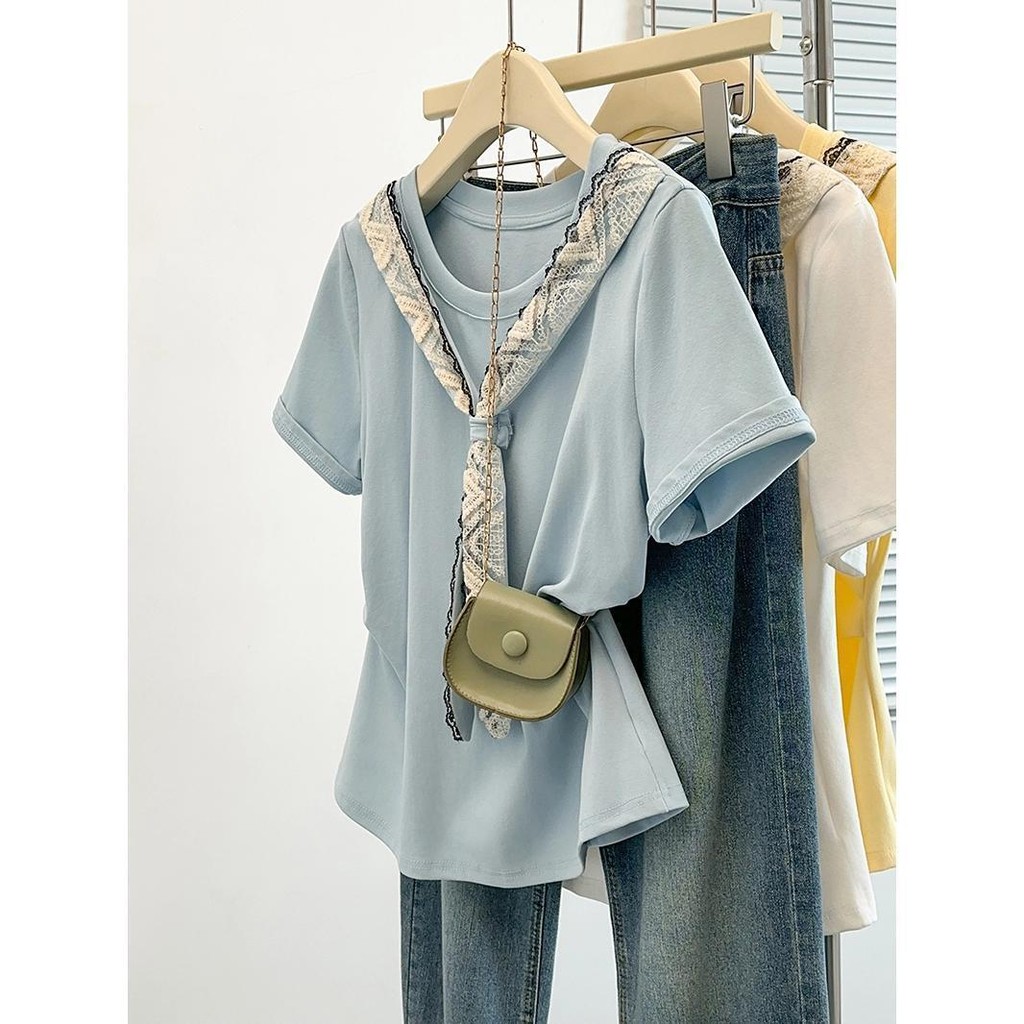 Milyfashion Size Lớn Ren Khăn Choàng Vai Chính Hãng Tay Ngắn T Phong Cách Mới Rời Ôm Hơn Nhìn Thời Trang Top Quần Áo Nữ