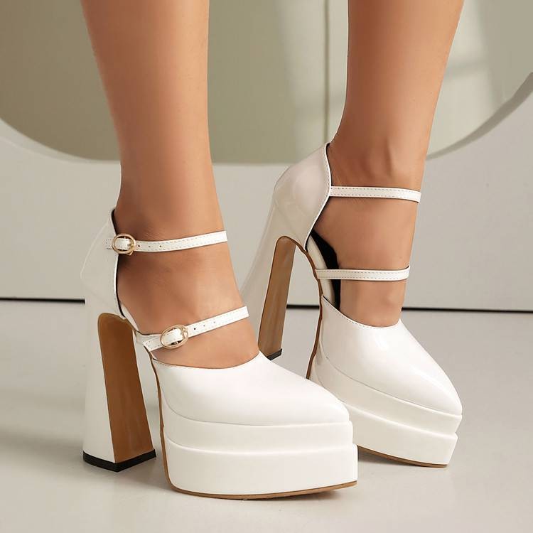 SKMY34-43 Kích Thước Lớn Mũi Nhọn Đế Dày Bằng Sáng Chế Da Nông Miệng Bên Rỗng Khóa Dây Sandal Thời Trang Dày Cao Gót Hộp Đêm Dây Lưng Mô Hình