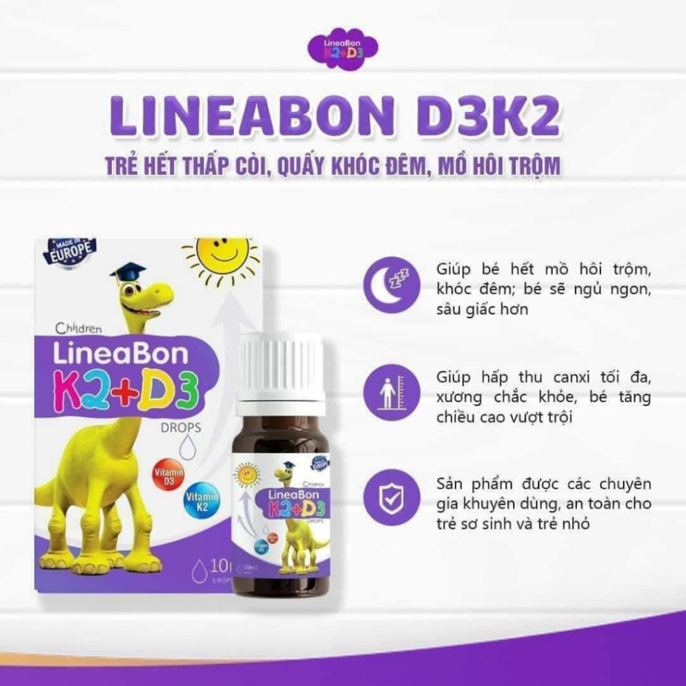 LineaBon Vitamin D3 K2 10ml Vitamin Hấp Thụ Canxi Giúp Bé Ngủ Ngon Tăng Chiều Cao Hàng Chính Hãng - Bibomart