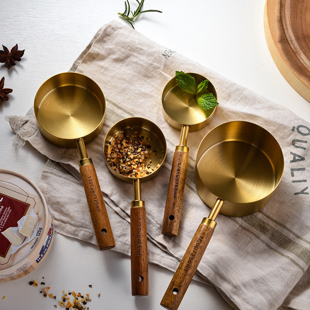 Cốc đo lường bằng thép không gỉ mạ vàng Muỗng đo lường Acacia Tay cầm bằng gỗ Dụng cụ đo lường Bát @ -